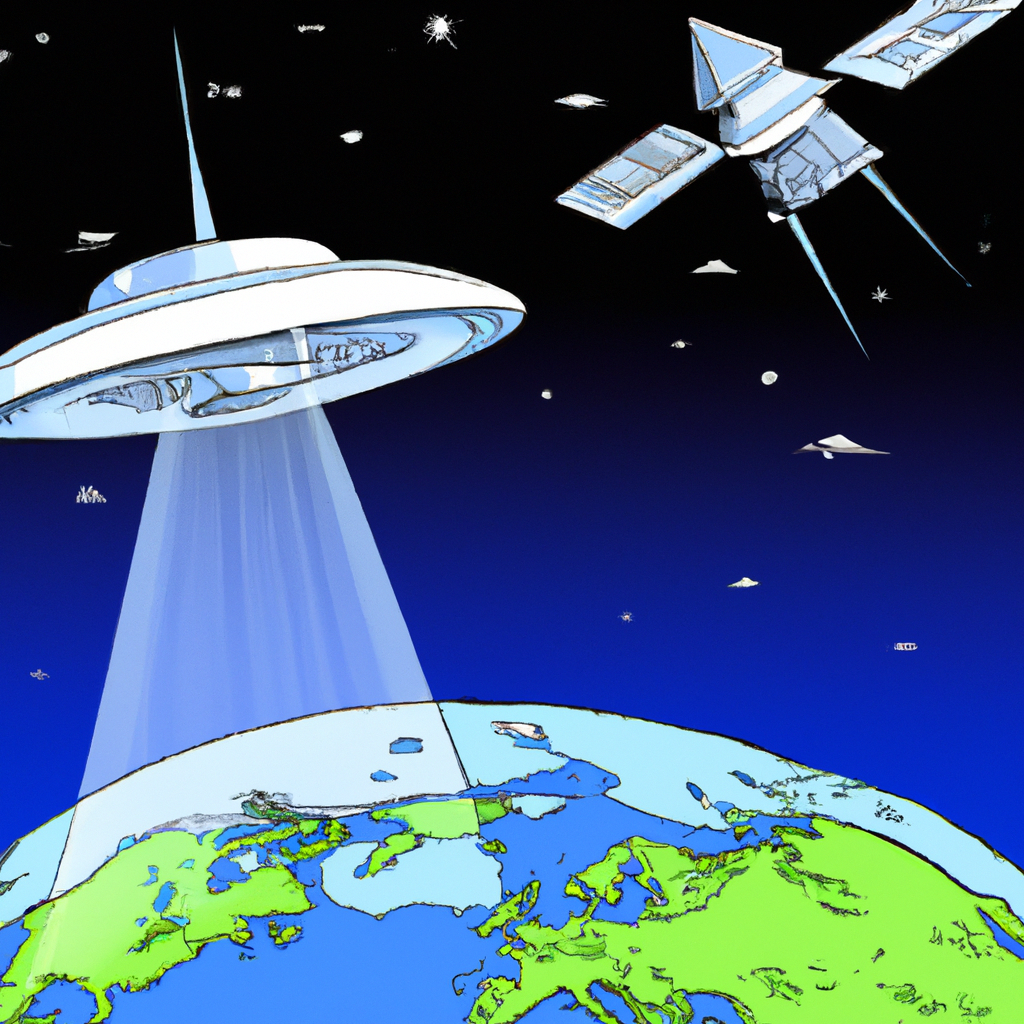 A Satellite floats above a real photo of the earth and a UFO is nearby and signals are being cast toward it.